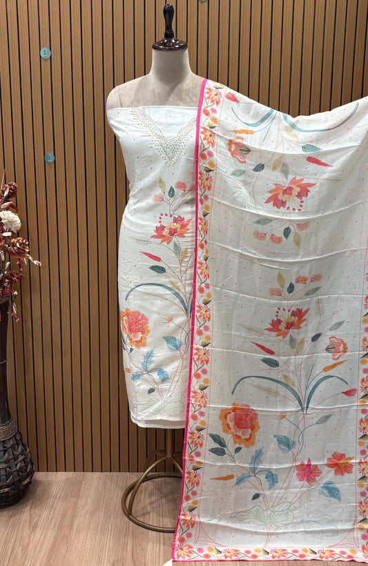 Unstitched Muslin Cotton Suit Set with Pearl & Sequence Work