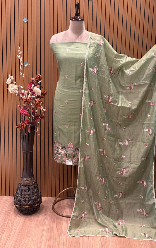 Unstitched Maheshwari Silk Suit Set with Figure Embroidery