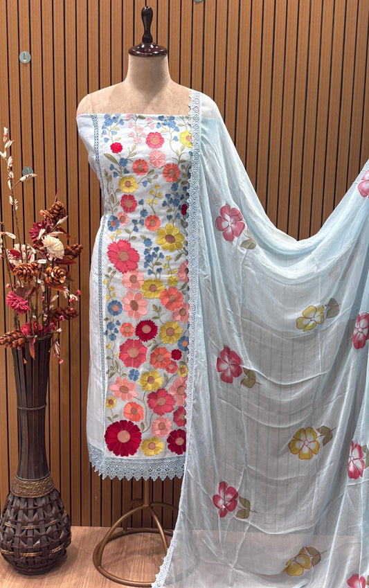 Unstitched Organza Suit Set with Multi-Thread Work & Corsica Lace Dupatta