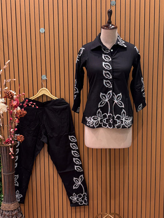 Stylish black co-ord set with elegant white floral embroidery