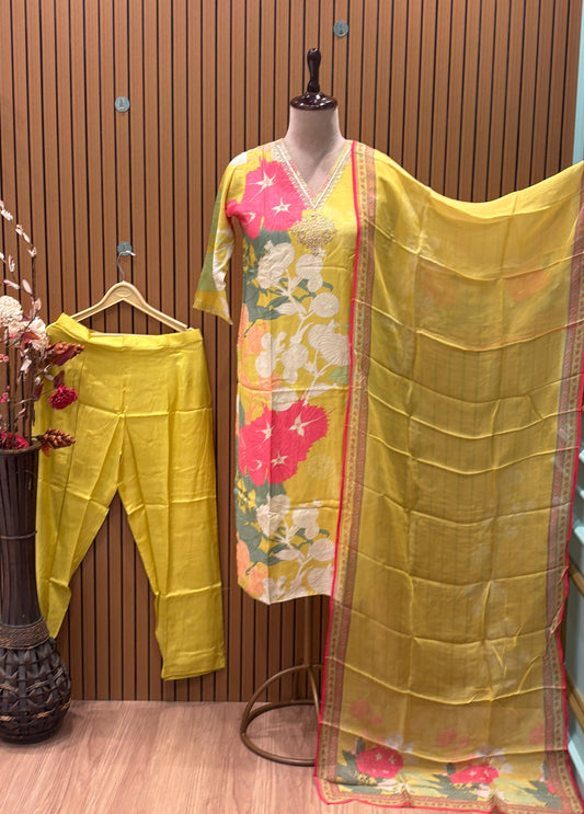Step into summer elegance with this radiant yellow floral suit