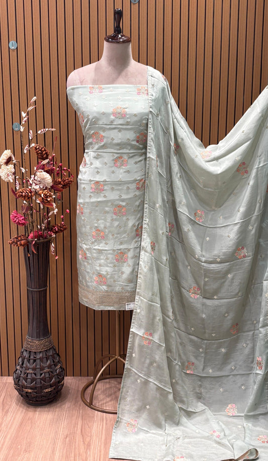 Unstitched Crepe & Chinon Suit Set – Subtle Elegance with Nimzari Thread Work