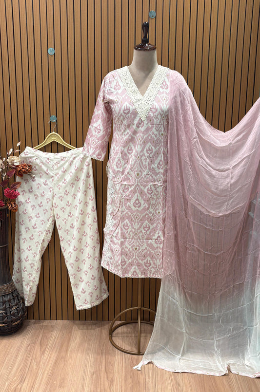 Elevate your ethnic look with our cotton kurti set featuring intricate las work