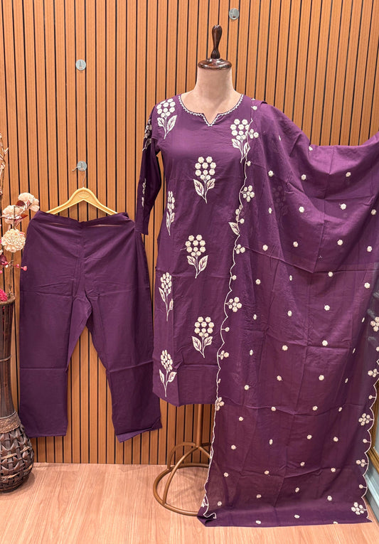 Elegant cotton suit set in rich plum shade featuring delicate