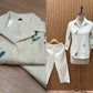 Elegant co-ord set in off-white cotton-linen blend featuring leaf