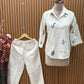 Elegant co-ord set in off-white cotton-linen blend featuring leaf