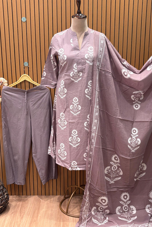Elegant mauve cotton suit set featuring white floral print