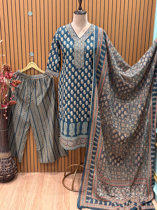 Elegant cotton kurti set featuring mirror, Resham, lace, and zari work with vibrant print
