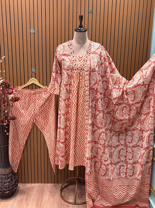 Elegant cotton kurti set featuring mirror, Resham, lace, and zari work with vibrant print