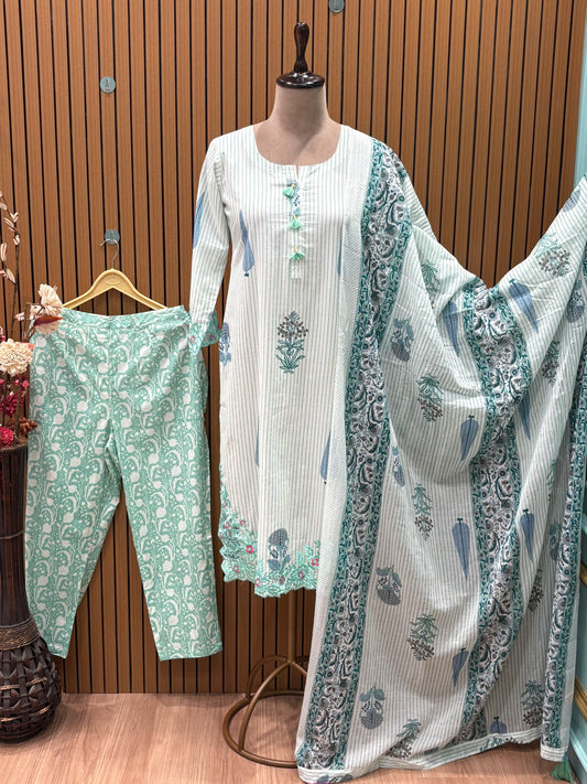 Graceful cotton kurti set with block print, Resham, and sequin detailing