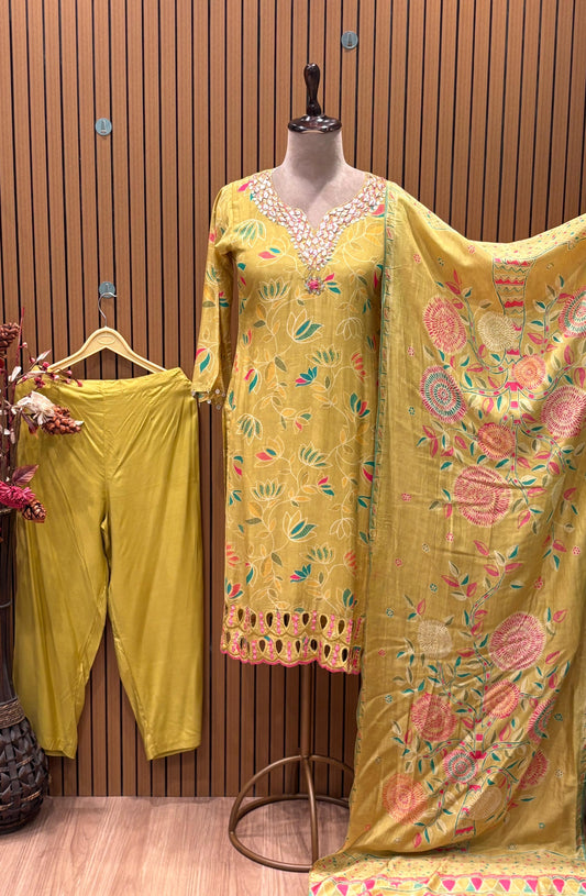 Radiate festive charm in this mustard yellow suit set