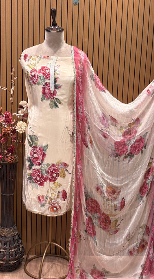 Step into graceful charm with our unstitched suit fabric in luxurious crep