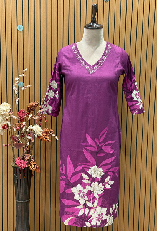 Elegant magenta kurti cotton set with delicate floral embroidery on the neckline
