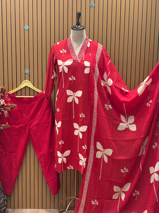Step into effortless elegance with this stunning red pure cotton suit set