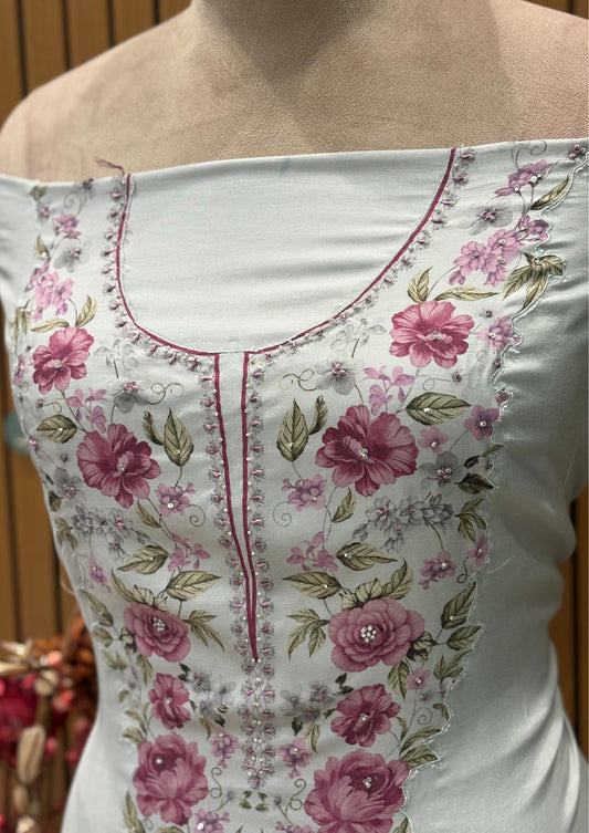 Add charm to your collection with this elegant unstitched suit set.