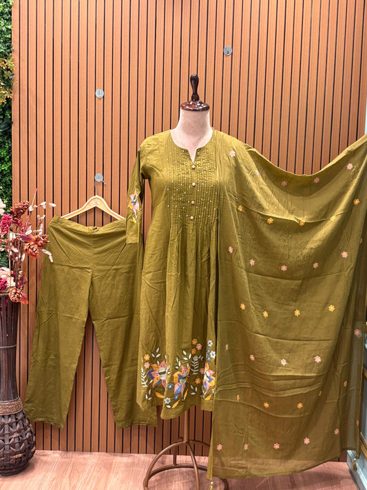 A soft and breathable cotton fabric in a rich olive green shade