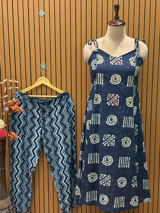 Trendy cotton kurti pant set featuring tie-strap detailing