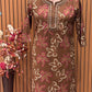 Cotton kurti set in brown & red features leaf prints