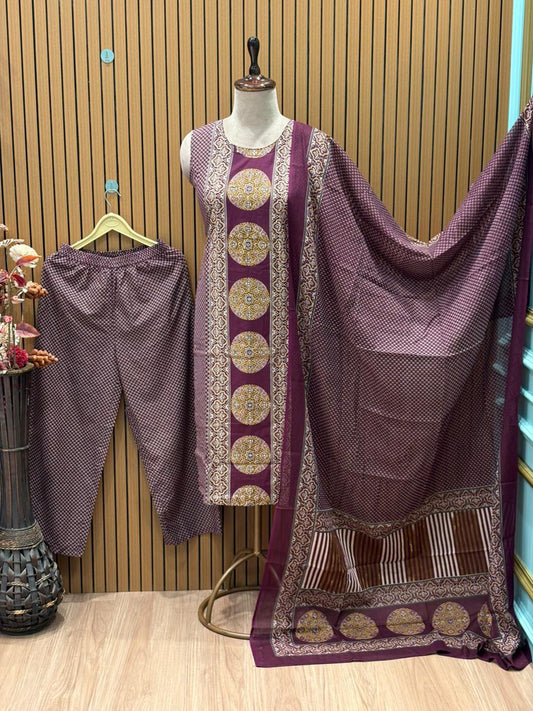 Elevate your everyday style with this wine printed cotton suit set