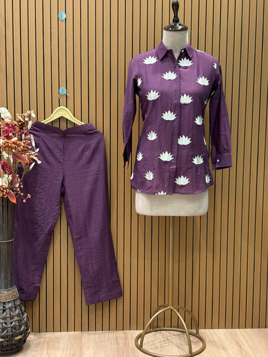 Elegant purple co-ord set features a smart collared shirt