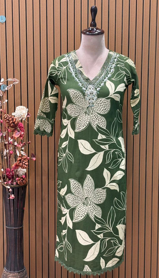 Elegant green cotton kurti with bold floral print