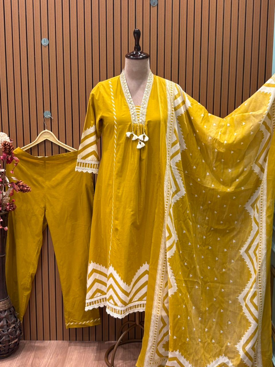Mustard yellow cotton A-line kurti with chic chevron print