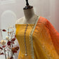 Exquisite unstitched suit set is crafted from premium crush tissue shimmer fabric