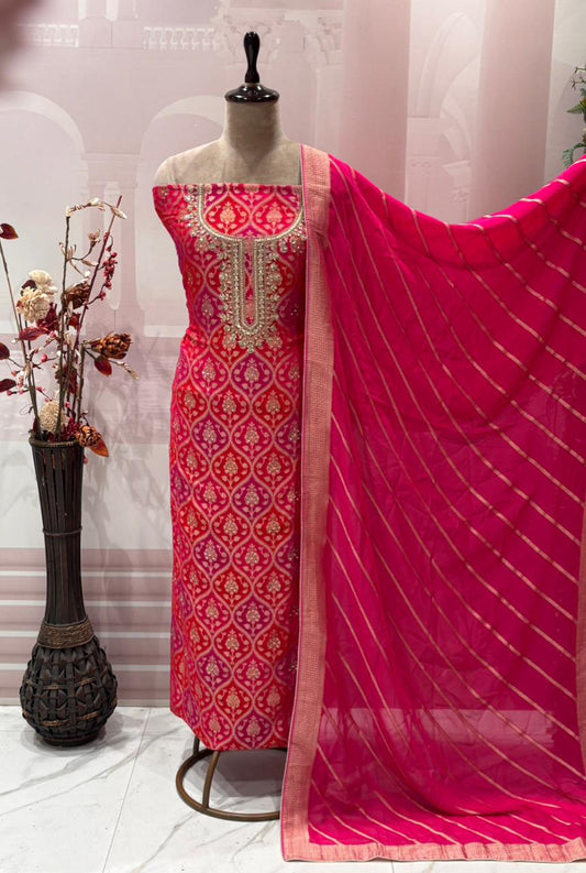 Indulge in timeless elegance with our pure Khaddi Georgette unstitched suit