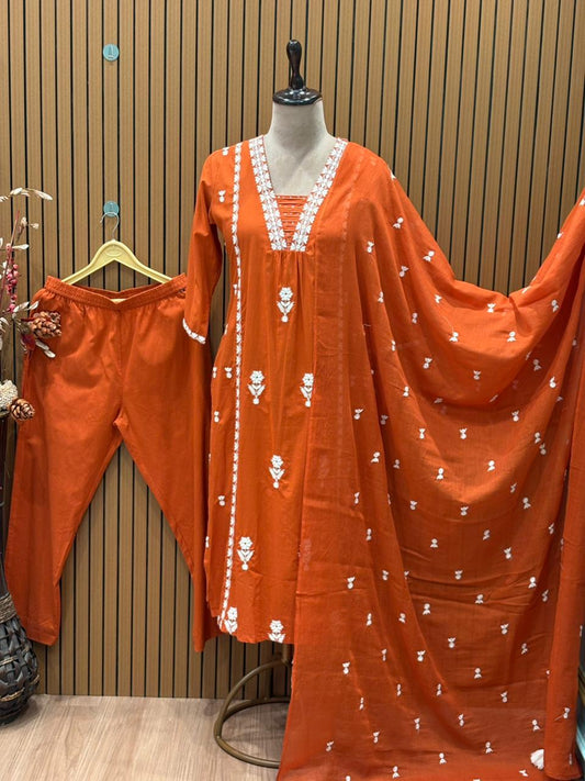 Graceful A-line cotton kurti set in vibrant orange