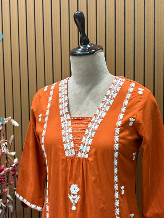 Graceful A-line cotton kurti set in vibrant orange