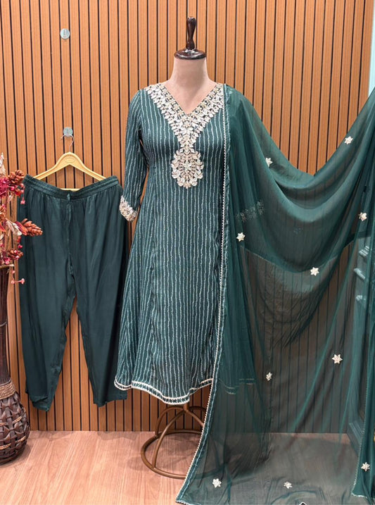 Elegant Chinon Anarkali suit set in deep green, gota Patti