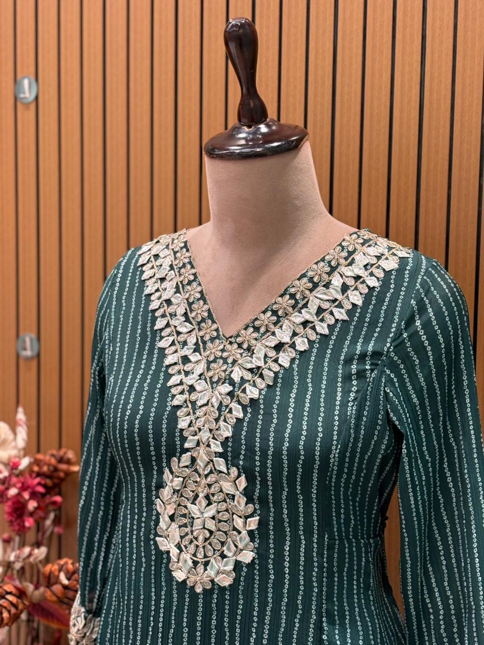 Elegant Chinon Anarkali suit set in deep green, gota Patti
