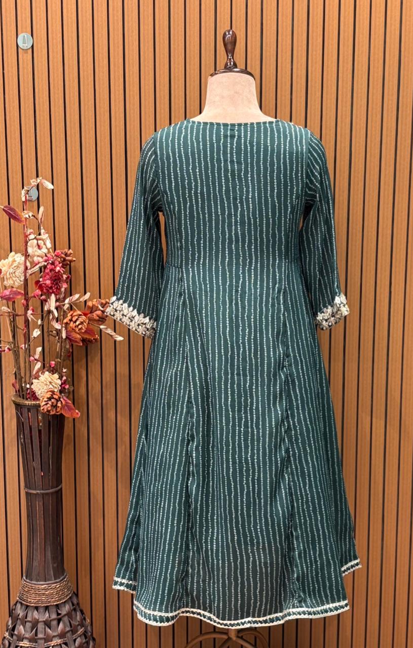 Elegant Chinon Anarkali suit set in deep green, gota Patti