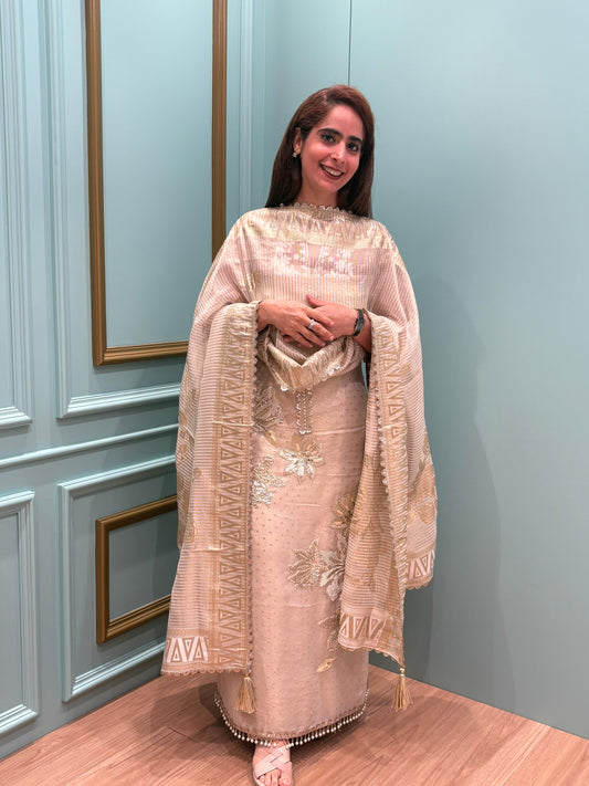 Premium unstitched suit set crafted in Organza Banarasi shimmer fabric
