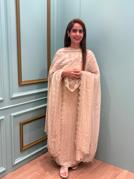 Grace meets grandeur with our unstitched suit in Organza shimmer