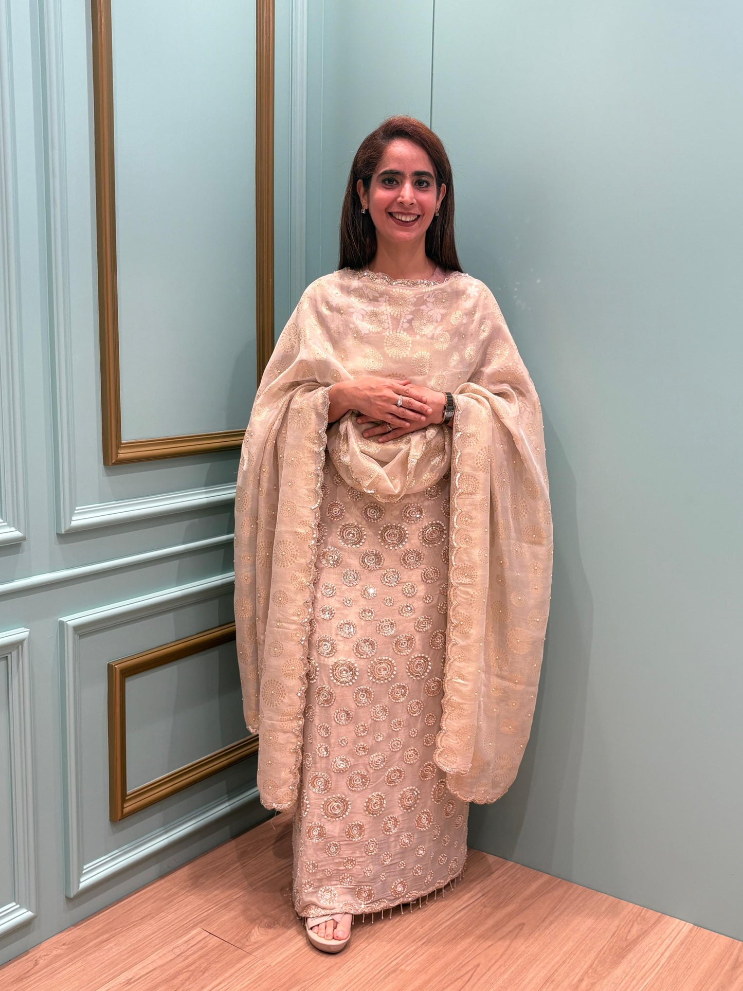 Elevate your festive look with our unstitched suit in Organza shimme