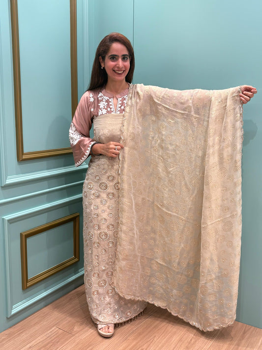 Elevate your festive look with our unstitched suit in Organza shimme