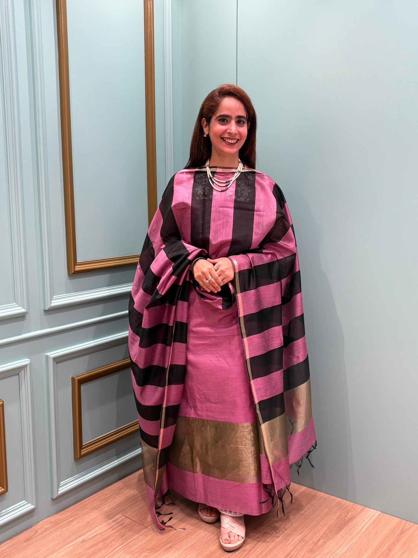 Discover timeless charm with our unstitched suit set crafted in Mul Chanderi