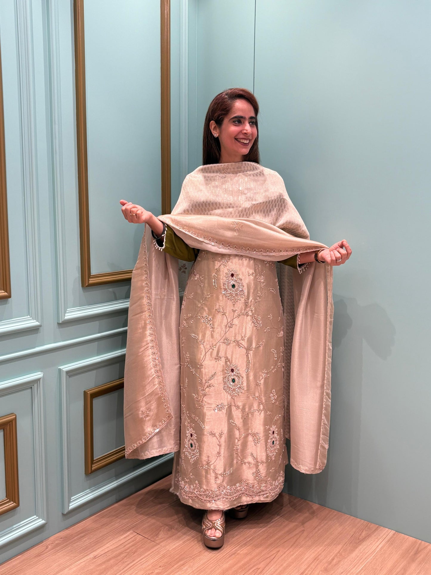 Step into timeless elegance with our luxurious pure tissue unstitched suit,