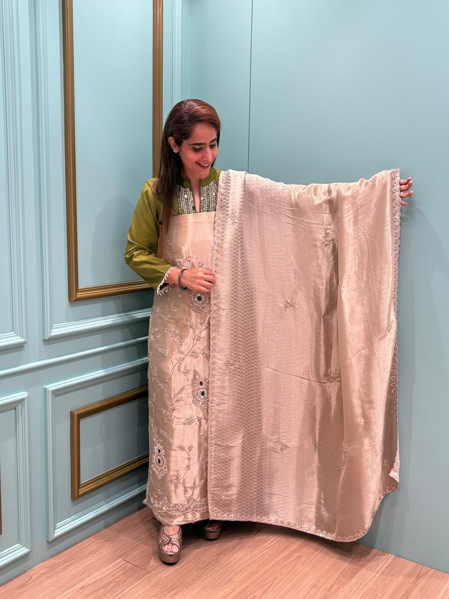 Step into timeless elegance with our luxurious pure tissue unstitched suit,