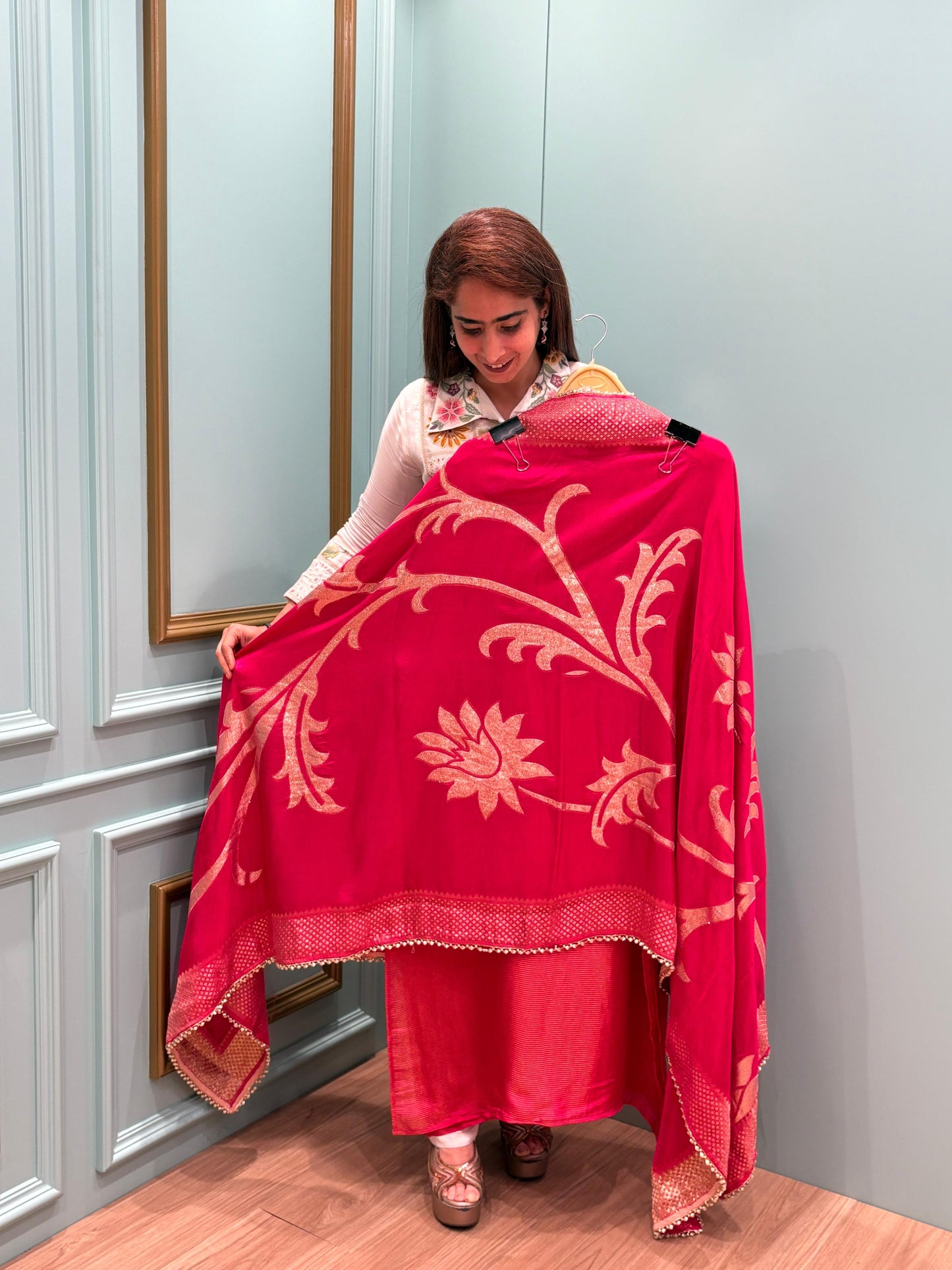 Unveil the beauty of tradition with a modern glow in our Organza Shimmer