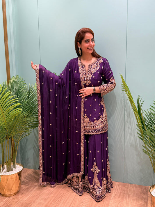 Step into timeless elegance with our luxurious heavy embroidered sharara set