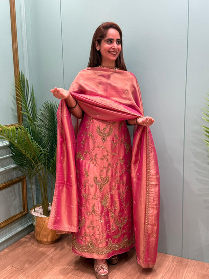 Elevate your ethnic wardrobe with our unstitched organza shimmer suit set