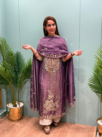 Organza Shimmer Unstitched Suit featuring all-over mirror work