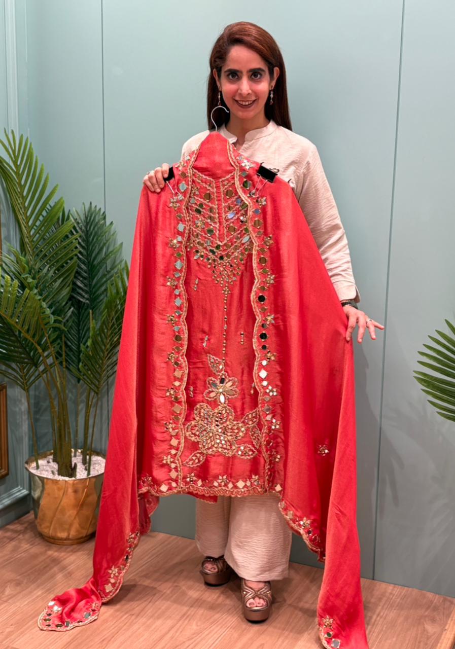 Organza Shimmer Unstitched Suit featuring all-over mirror work