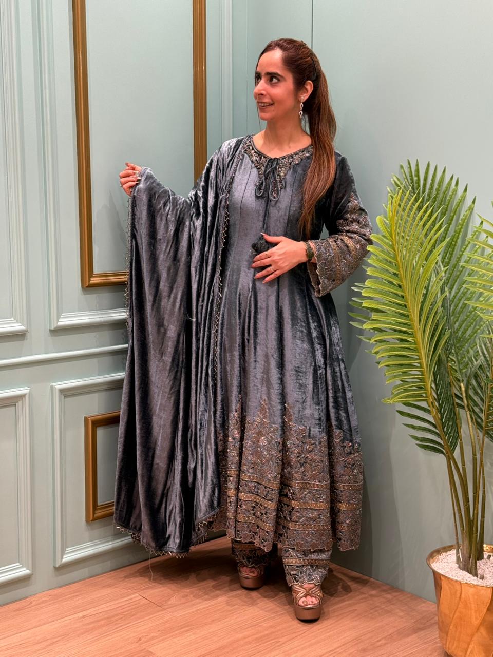 Pure elegance with our luxury velvet long Anarkali