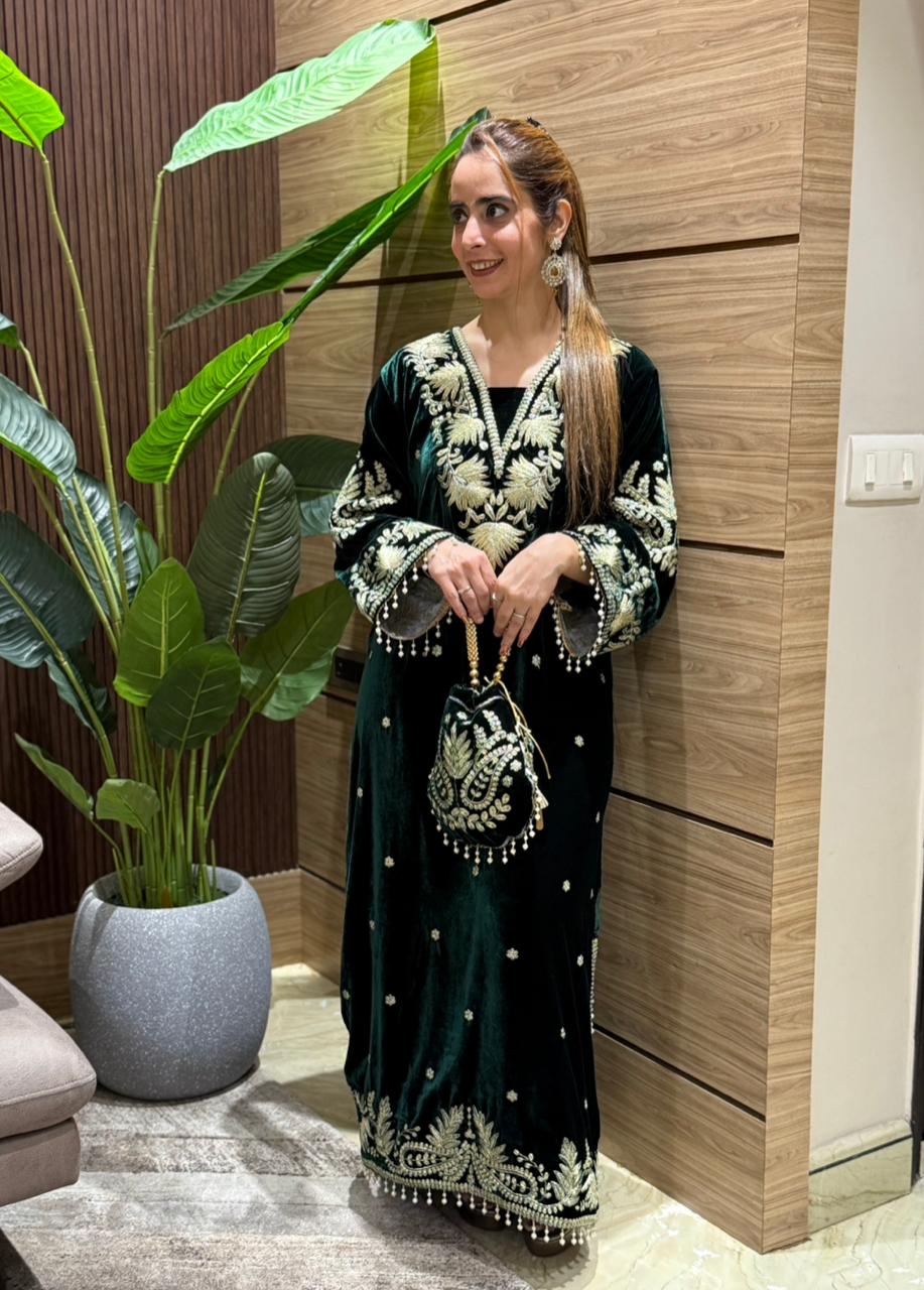 Velvet pheran is crafted to make winter festivities feel roya