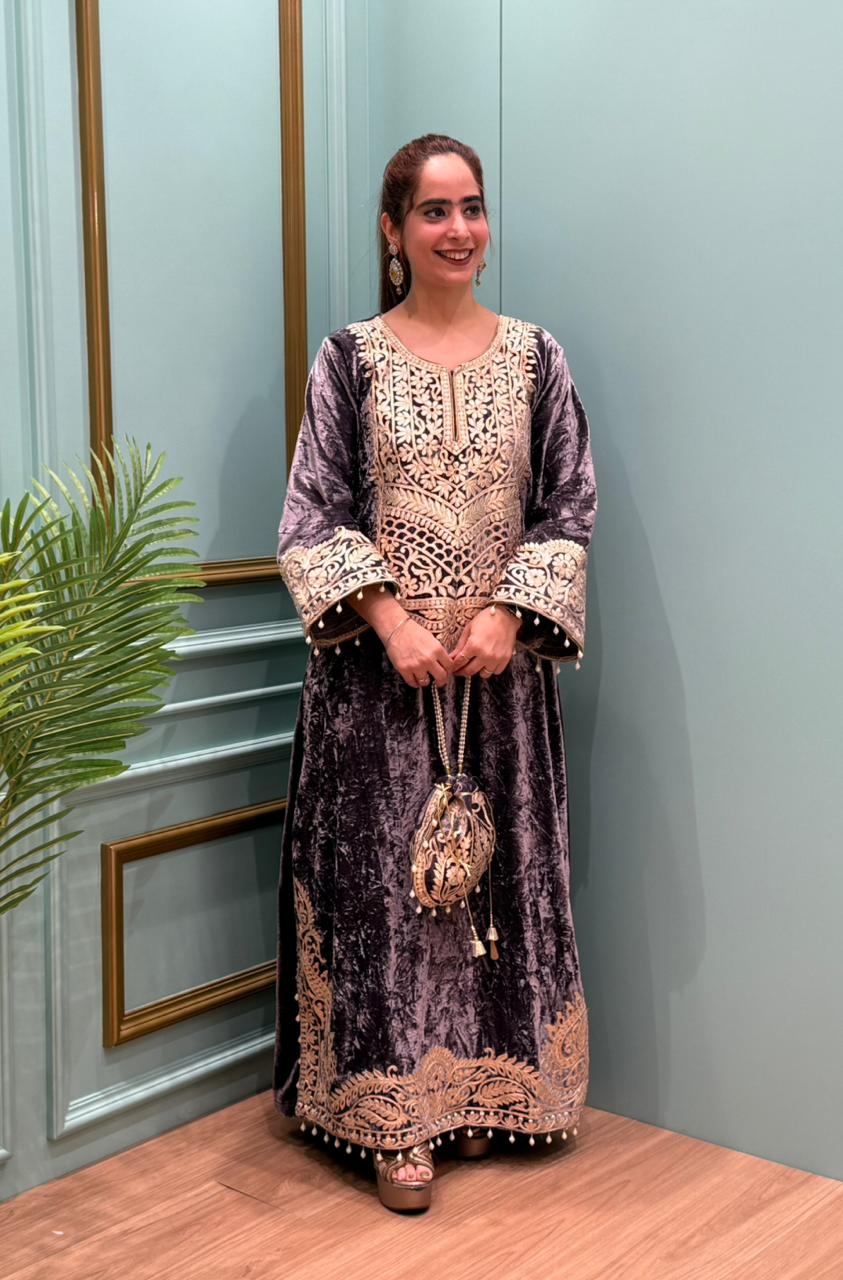 Exquisite pheran collection is crafted in luxurious febrile velvet