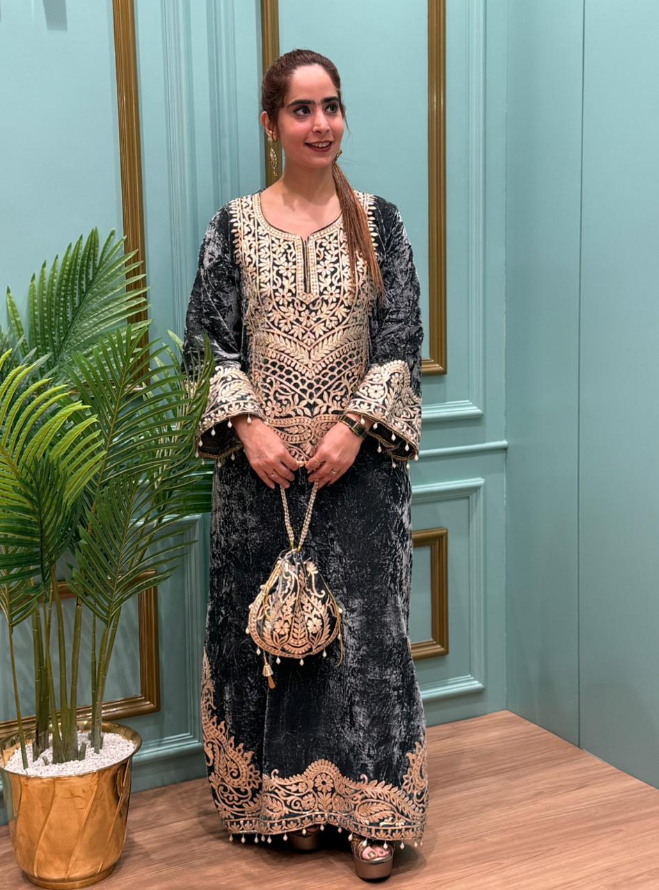 Exquisite pheran collection is crafted in luxurious febrile velvet