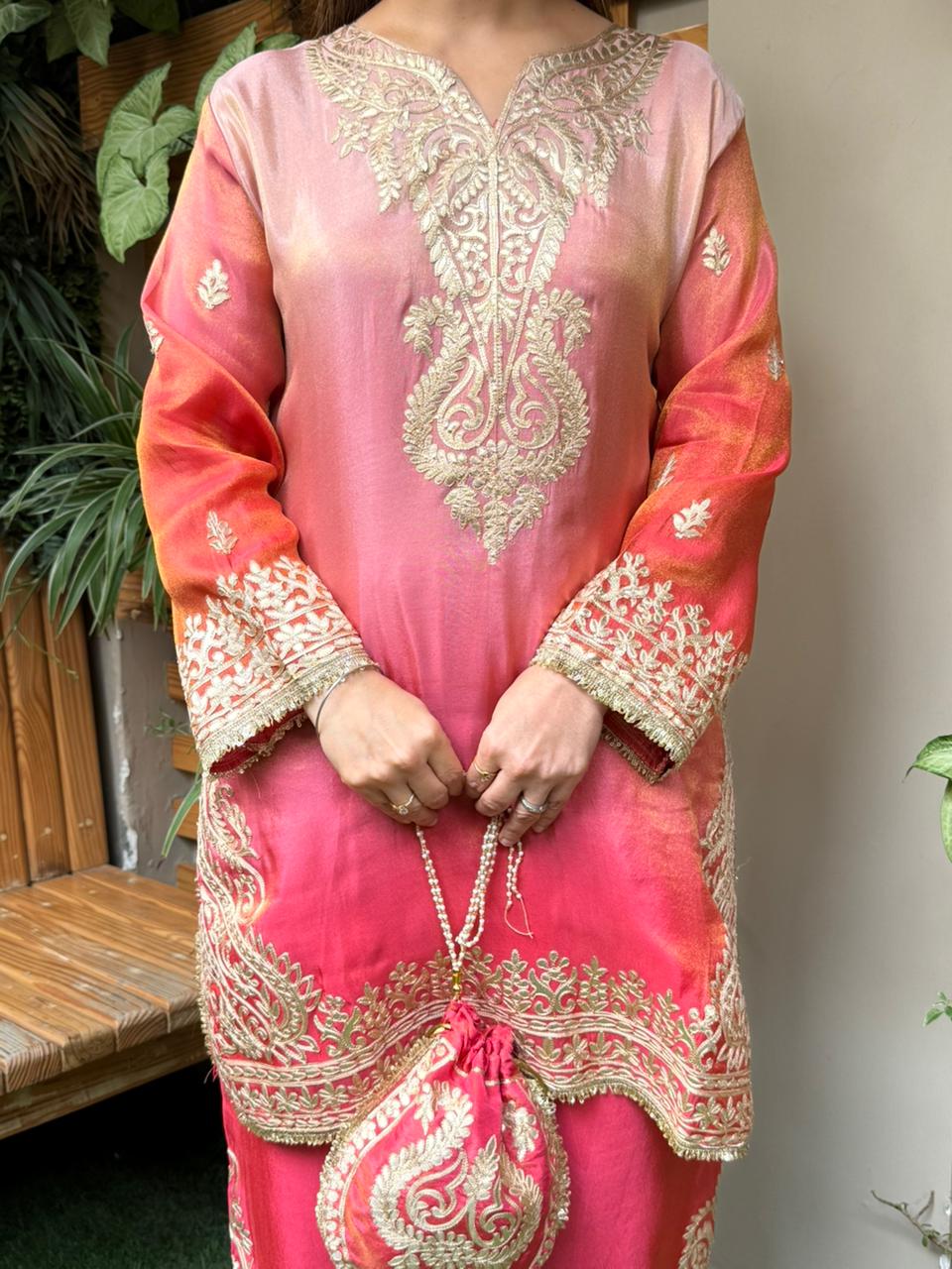 Elegant cord set in a beautiful ombre shade is crafted in luxurious shimmer